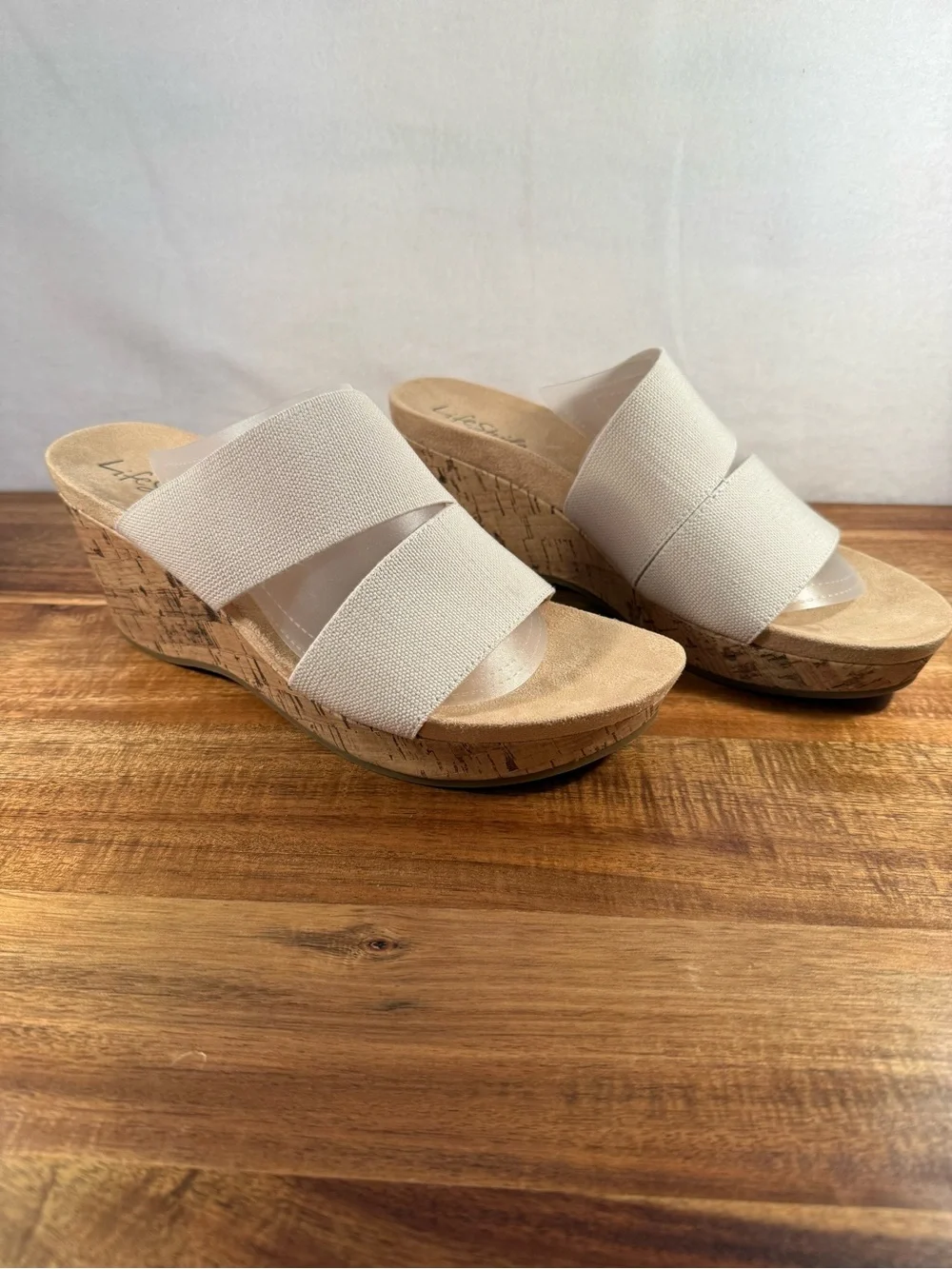 Life Stride Parigi Cork Wrapped Wedge Sandals Cream Size 8 NWOT